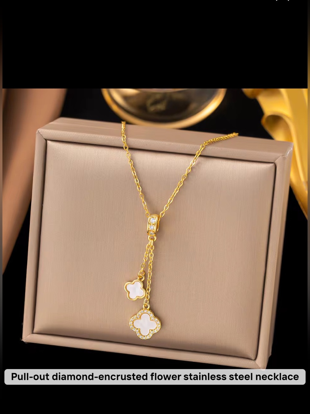 Gold Flower stainless steel Pendant Necklace with White Inlay